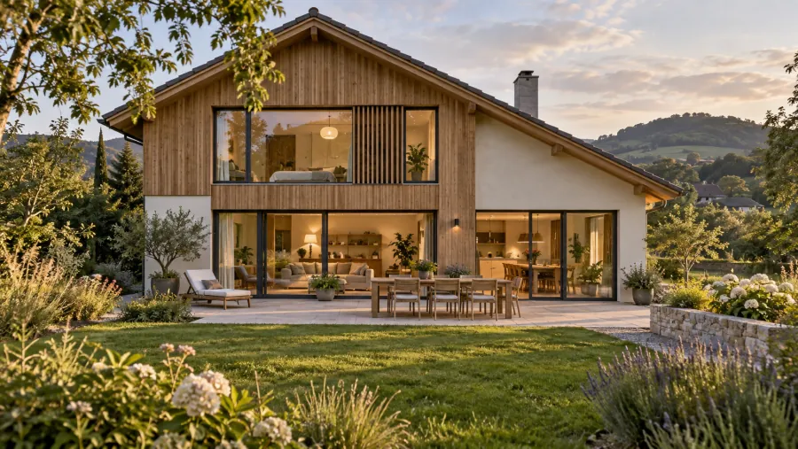 Visualisierte Wohnidee: Einfamilienhaus mit Holzfassade, grossen Fenstern und Garten